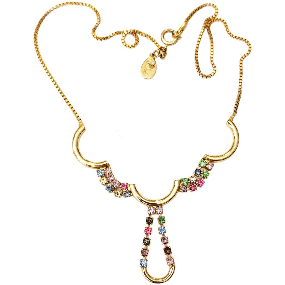 Hobe Victorian Revival Yellow Purple Pink Green Blue Rhinestone Vermail Necklace